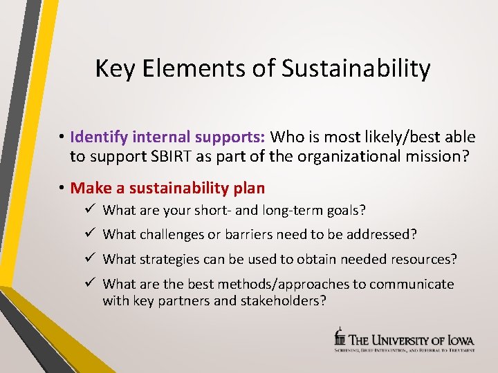 Key Elements of Sustainability • Identify internal supports: Who is most likely/best able to