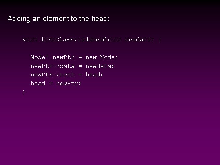 Adding an element to the head: void list. Class: : add. Head(int newdata) {