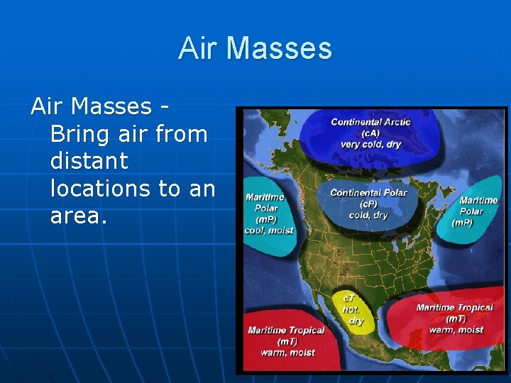 Air Masses Bring air from distant locations to an area. 