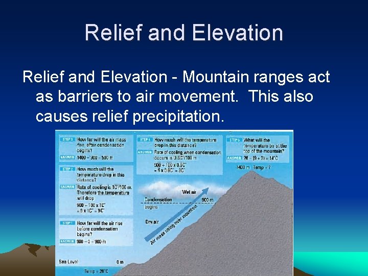 Relief and Elevation - Mountain ranges act as barriers to air movement. This also