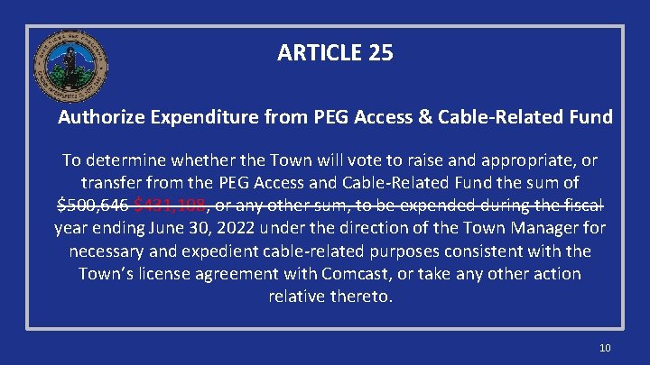 ARTICLE 25 Authorize Expenditure from PEG Access & Cable-Related Fund To determine whether the