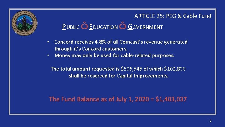 ARTICLE 25: PEG & Cable Fund PUBLIC Ѽ EDUCATION Ѽ GOVERNMENT • Concord receives