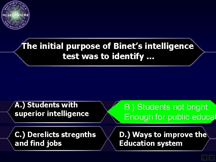 The initial purpose of Binet’s intelligence test was to identify … A. ) Students