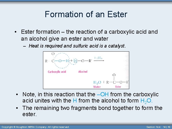 Formation of an Ester • Ester formation – the reaction of a carboxylic acid