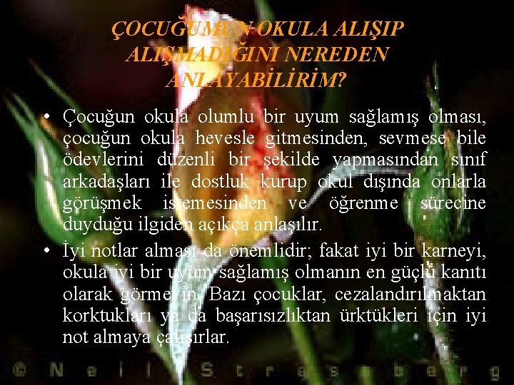 ÇOCUĞUMUN OKULA ALIŞIP ALIŞMADIĞINI NEREDEN ANLAYABİLİRİM? • Çocuğun okula olumlu bir uyum sağlamış olması,