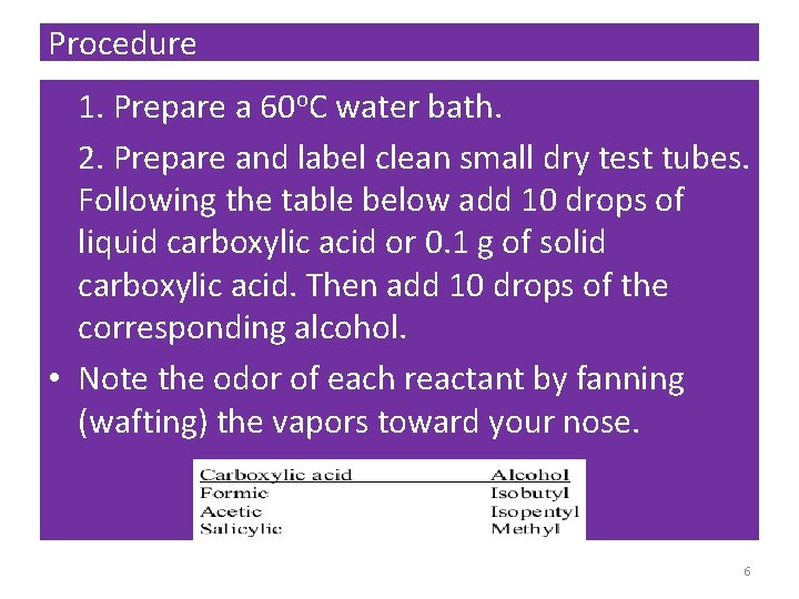 Procedure 1. Prepare a 60οC water bath. 2. Prepare and label clean small dry