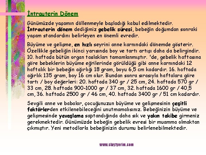 İntrauterin Dönem Günümüzde yaşamın döllenmeyle başladığı kabul edilmektedir. İntrauterin dönem dediğimiz gebelik süresi, bebeğin