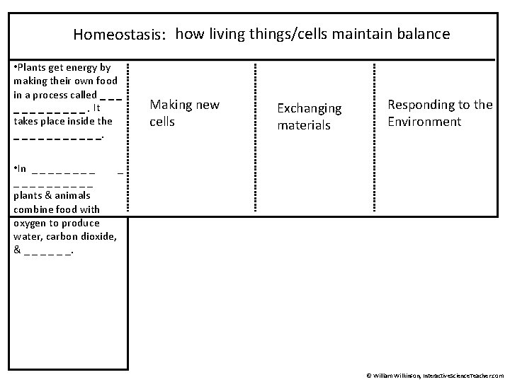 Homeostasis: how living things/cells maintain balance • Plants get energy by making their own