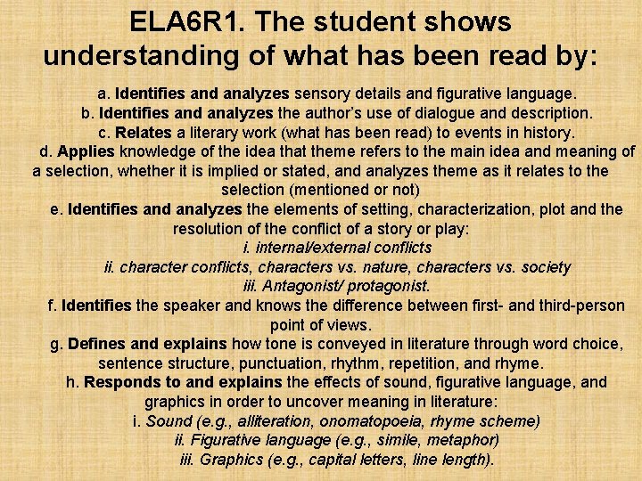 ELA 6 R 1. The student shows understanding of what has been read by: