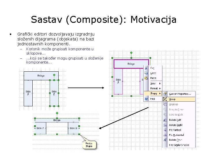 Sastav (Composite): Motivacija • Grafički editori dozvoljavaju izgradnju složenih dijagrama (objekata) na bazi jednostavnih