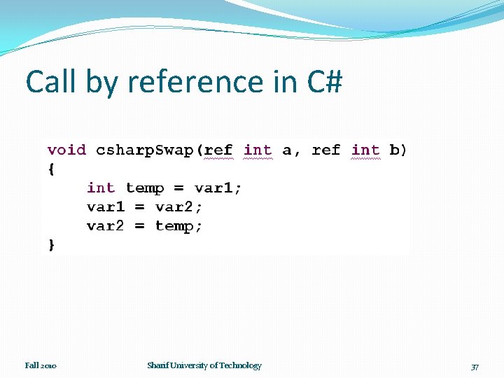 Call by reference in C# Fall 2010 Sharif University of Technology 37 