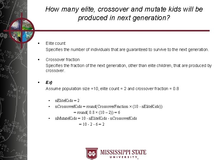 How many elite, crossover and mutate kids will be produced in next generation? §