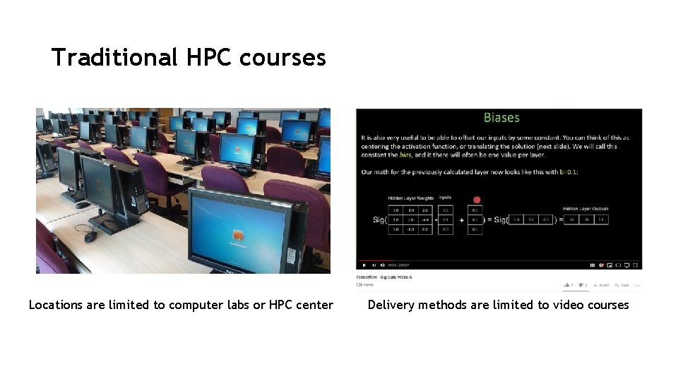 Traditional HPC courses Locations are limited to computer labs or HPC center Delivery methods