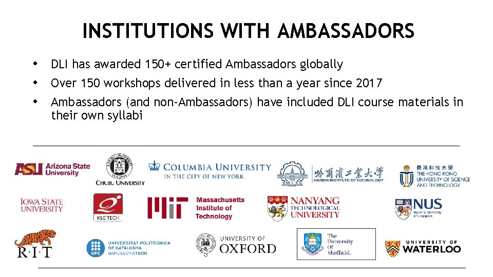 INSTITUTIONS WITH AMBASSADORS • DLI has awarded 150+ certified Ambassadors globally • Over 150