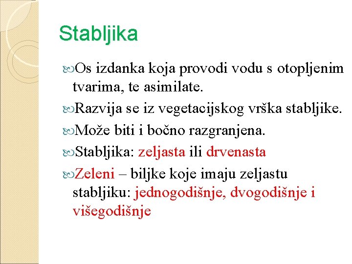 Stabljika Os izdanka koja provodi vodu s otopljenim tvarima, te asimilate. Razvija se iz