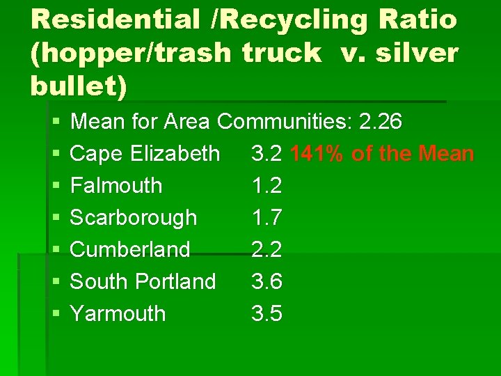 Residential /Recycling Ratio (hopper/trash truck v. silver bullet) § § § § Mean for