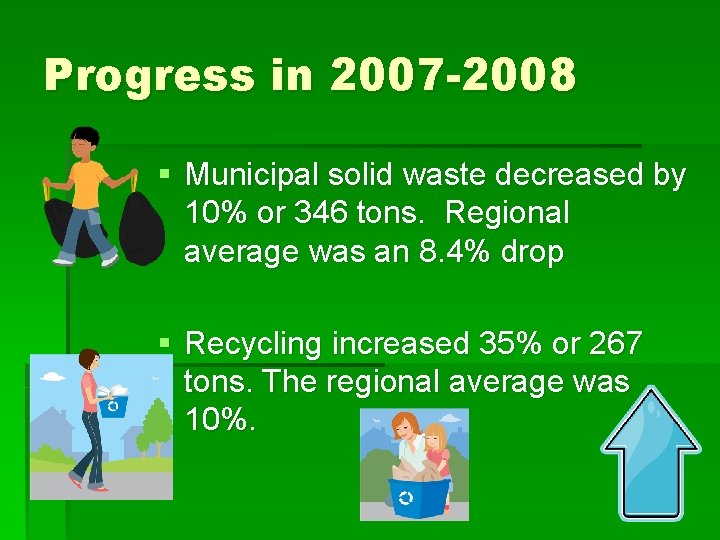 Progress in 2007 -2008 § Municipal solid waste decreased by 10% or 346 tons.