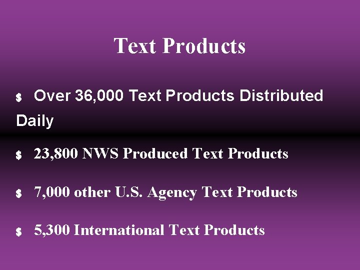Text Products $ Over 36, 000 Text Products Distributed Daily $ 23, 800 NWS