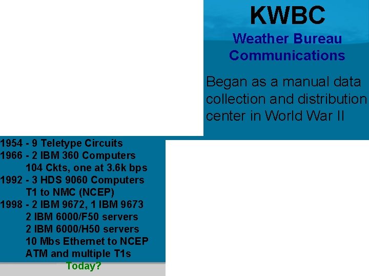 1954 - 9 Teletype Circuits 1966 - 2 IBM 360 Computers 104 Ckts, one