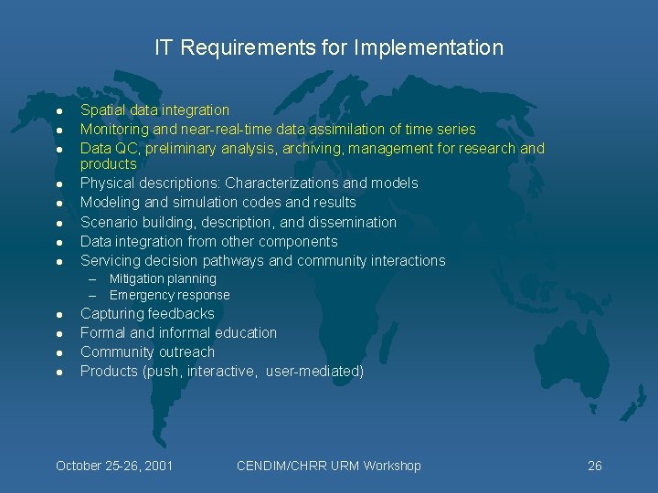 IT Requirements for Implementation l l l l Spatial data integration Monitoring and near-real-time