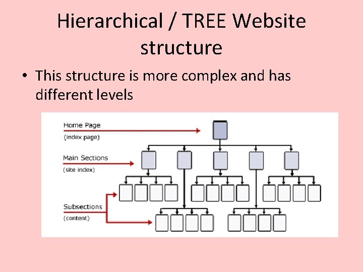 Hierarchical / TREE Website structure • This structure is more complex and has different Hierarchical / TREE Website structure • This structure is more complex and has different