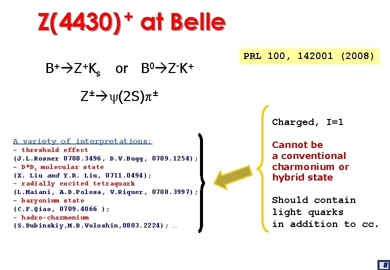 Z(4430) + at Belle B+ Z+Ks or B 0 Z-K+ PRL 100, 142001 (2008)