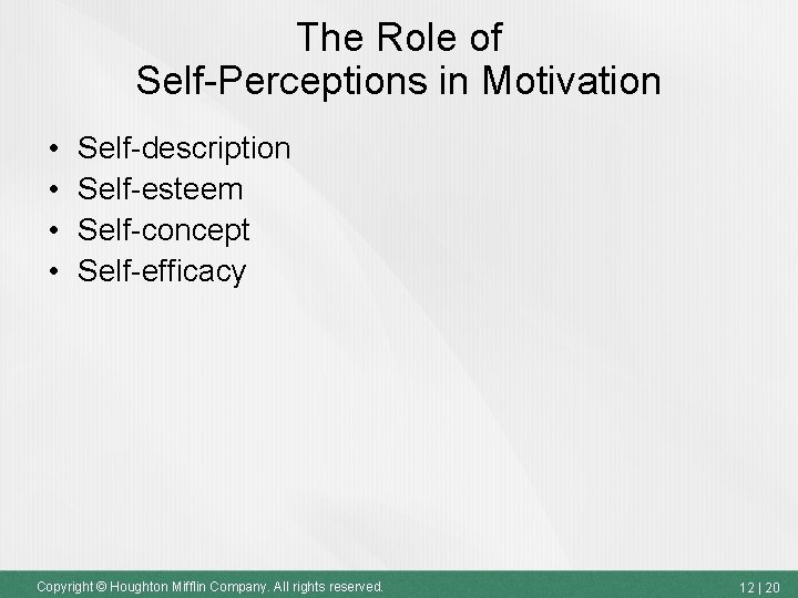 The Role of Self-Perceptions in Motivation • • Self-description Self-esteem Self-concept Self-efficacy Copyright ©