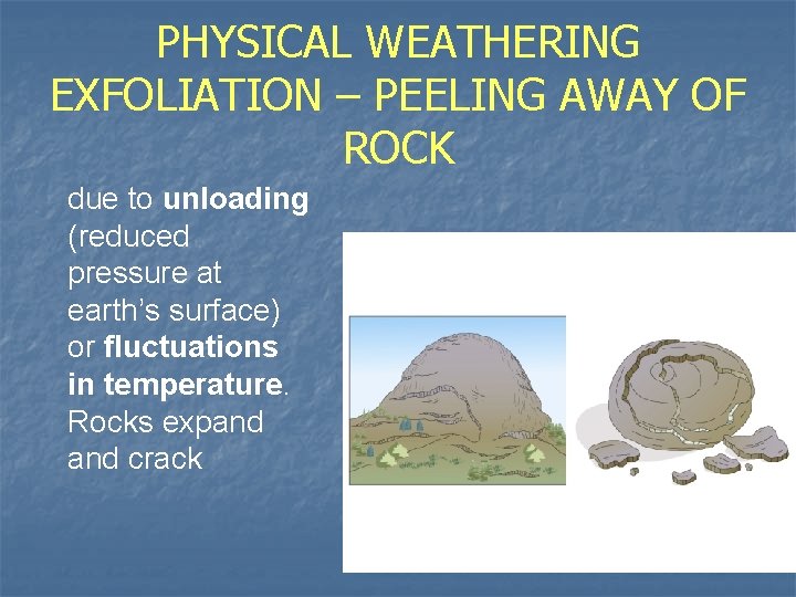 PHYSICAL WEATHERING EXFOLIATION – PEELING AWAY OF ROCK due to unloading (reduced pressure at