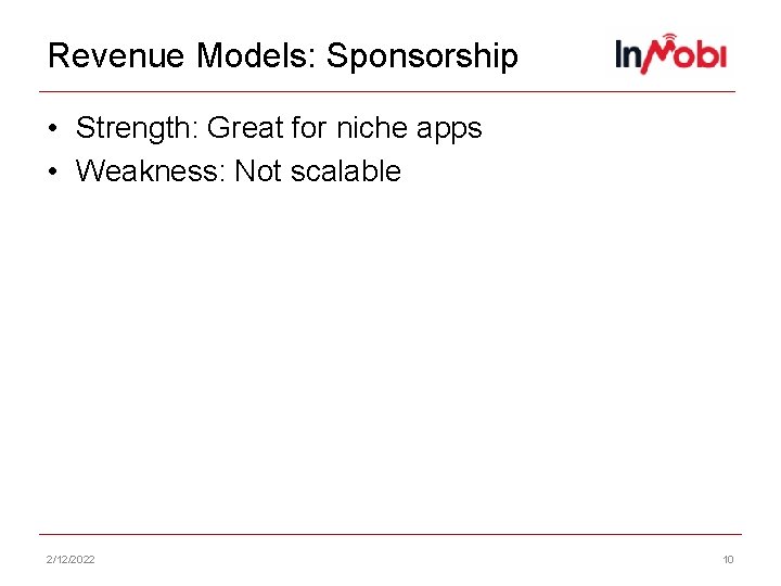 Revenue Models: Sponsorship • Strength: Great for niche apps • Weakness: Not scalable 2/12/2022