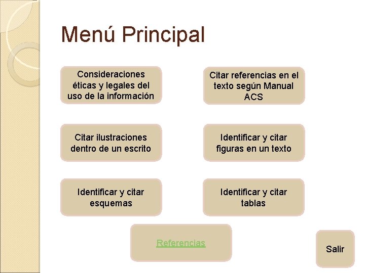 Menú Principal Consideraciones éticas y legales del uso de la información Citar referencias en