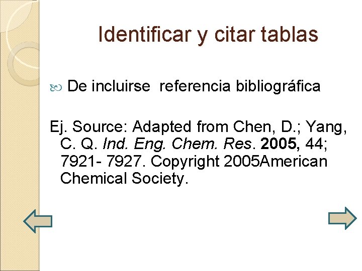 Identificar y citar tablas De incluirse referencia bibliográfica Ej. Source: Adapted from Chen, D.