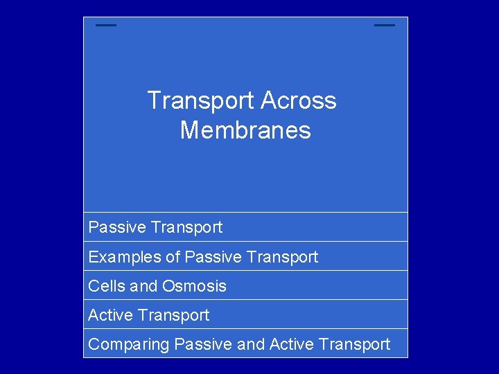 Transport Across Membranes Passive Transport Examples of Passive Transport Cells and Osmosis Active Transport
