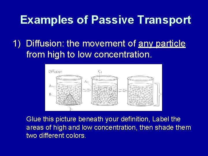 Examples of Passive Transport 1) Diffusion: the movement of any particle from high to