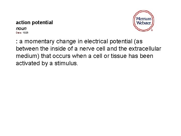 action potential noun Date: 1926 : a momentary change in electrical potential (as between action potential noun Date: 1926 : a momentary change in electrical potential (as between