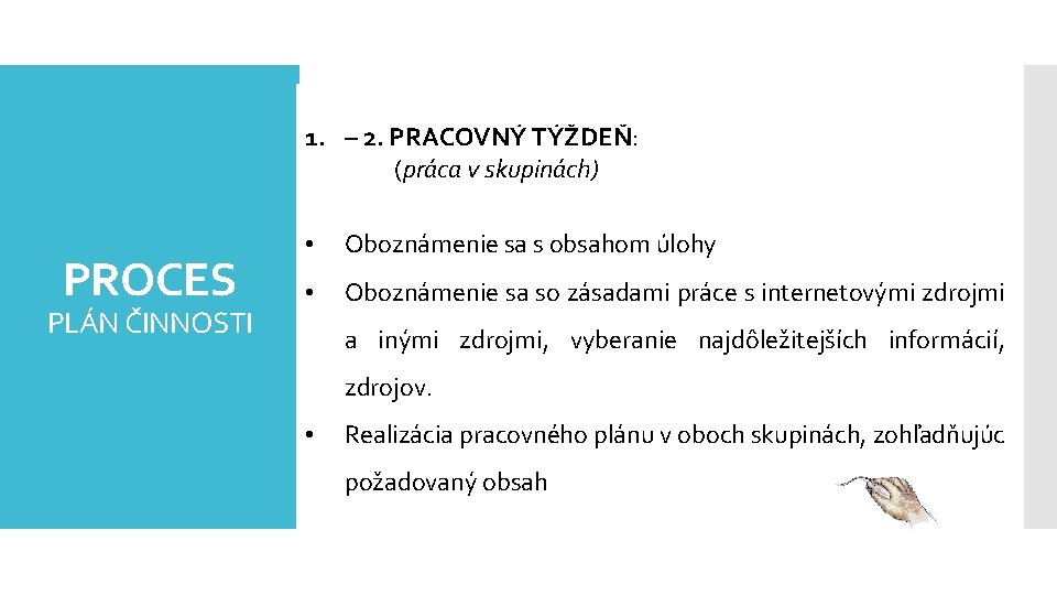 1. – 2. PRACOVNÝ TÝŽDEŇ: (práca v skupinách) PROCES PLÁN ČINNOSTI • Oboznámenie sa