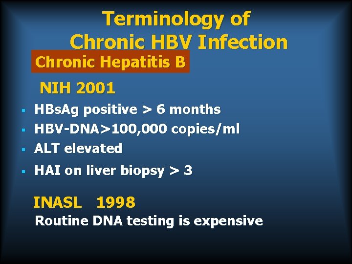 Terminology of Chronic HBV Infection Chronic Hepatitis B NIH 2001 § HBs. Ag positive