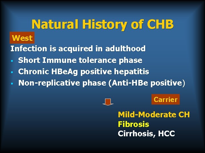 Natural History of CHB West Infection is acquired in adulthood § Short Immune tolerance