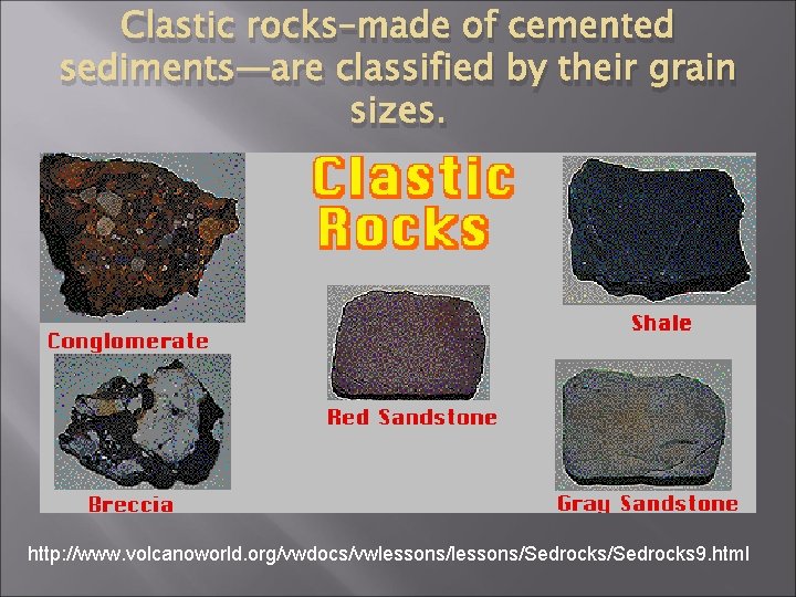 Clastic rocks–made of cemented sediments—are classified by their grain sizes. http: //www. volcanoworld. org/vwdocs/vwlessons/Sedrocks/Sedrocks