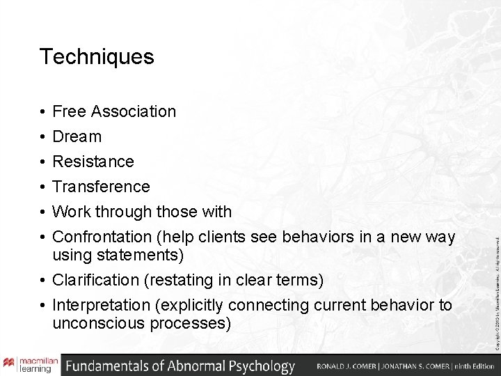Techniques • • • Free Association Dream Resistance Transference Work through those with Confrontation Techniques • • • Free Association Dream Resistance Transference Work through those with Confrontation