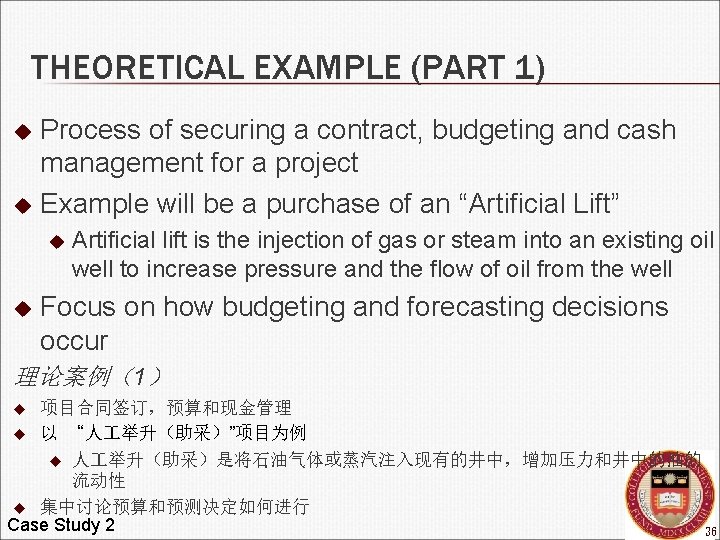 THEORETICAL EXAMPLE (PART 1) Process of securing a contract, budgeting and cash management for