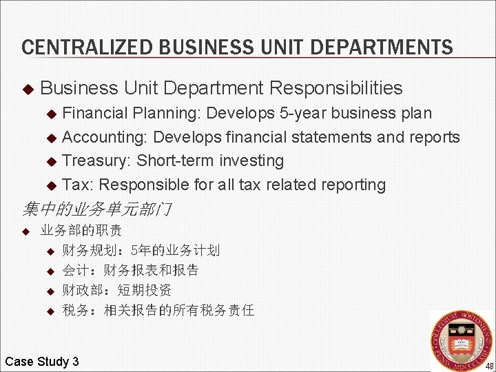 CENTRALIZED BUSINESS UNIT DEPARTMENTS u Business Unit Department Responsibilities Financial Planning: Develops 5 -year