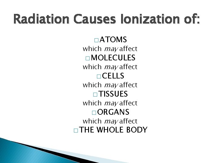 Radiation Causes Ionization of: � ATOMS which may affect � MOLECULES which may affect