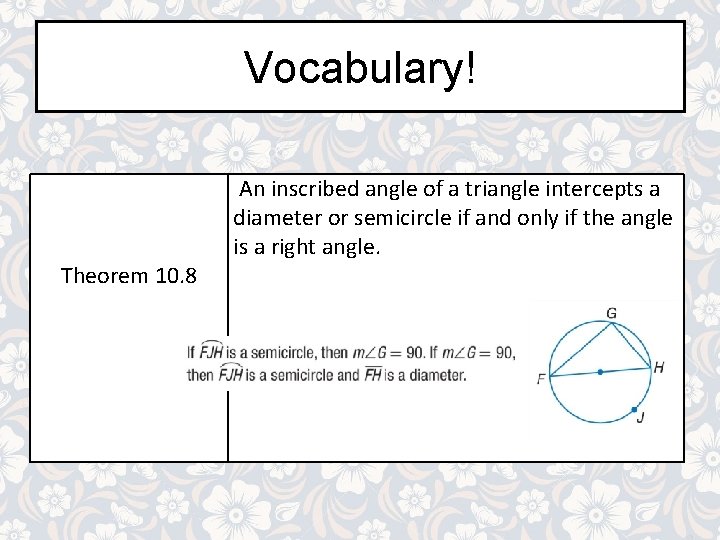 Vocabulary! Theorem 10. 8 An inscribed angle of a triangle intercepts a diameter or Vocabulary! Theorem 10. 8 An inscribed angle of a triangle intercepts a diameter or