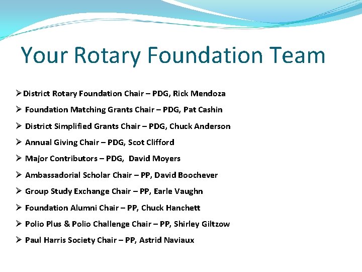 Your Rotary Foundation Team ØDistrict Rotary Foundation Chair – PDG, Rick Mendoza Ø Foundation