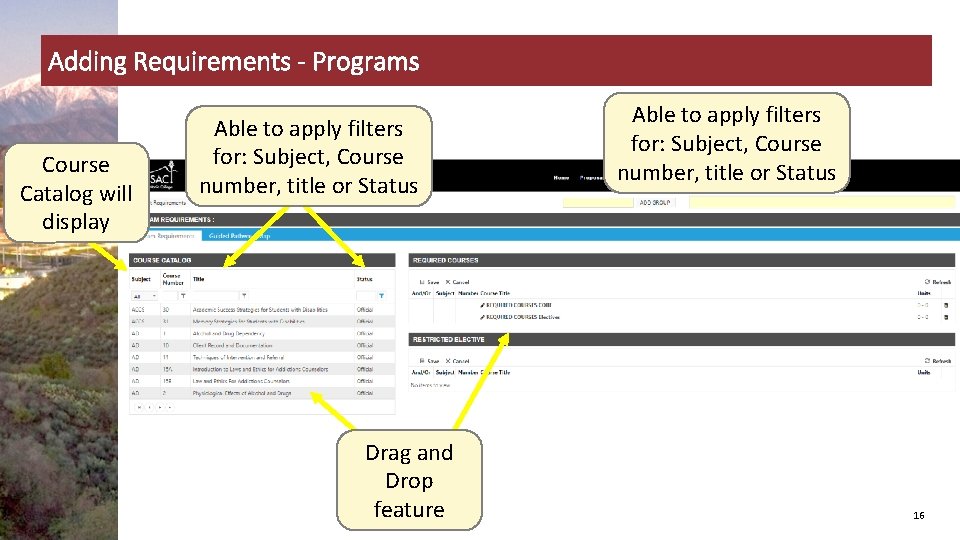 Adding Requirements - Programs Course Catalog will display Able to apply filters for: Subject,