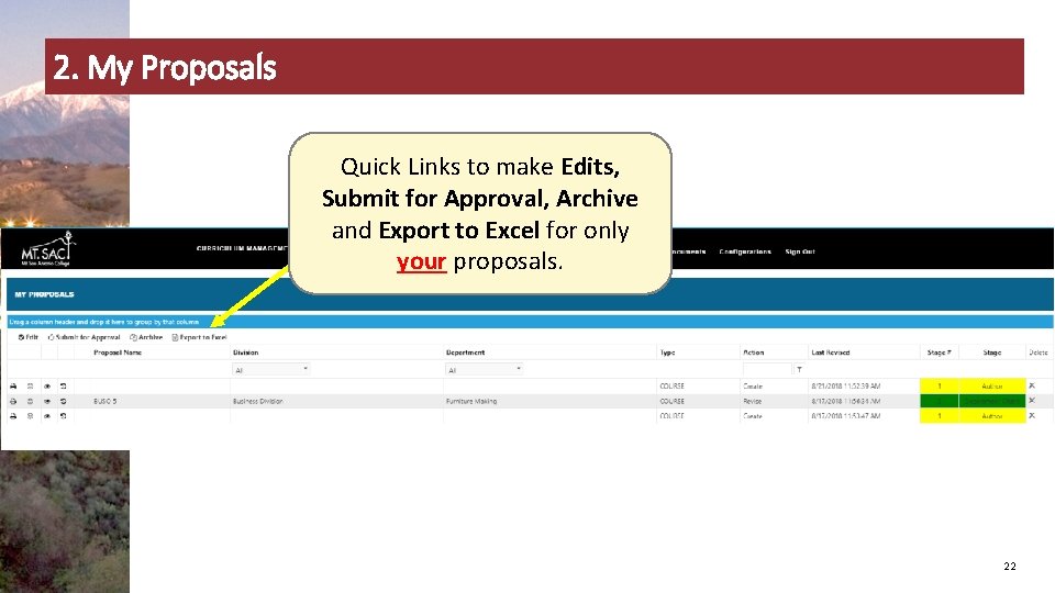 2. My Proposals Quick Links to make Edits, Submit for Approval, Archive and Export