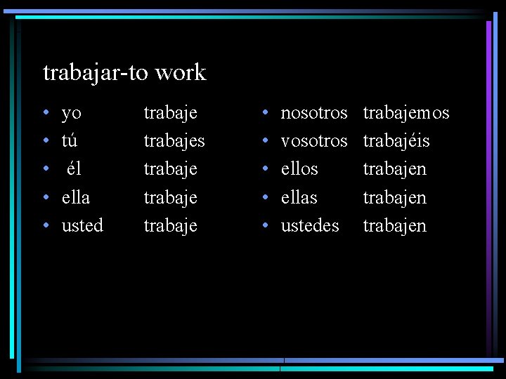 trabajar-to work • • • yo tú él ella usted trabajes trabaje • •