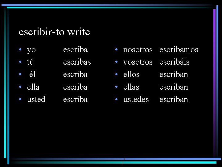 escribir-to write • • • yo tú él ella usted escribas escriba • •