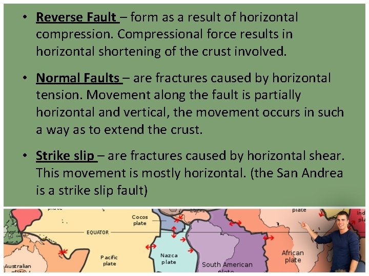  • Reverse Fault – form as a result of horizontal compression. Compressional force