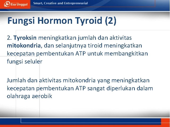 Fungsi Hormon Tyroid (2) 2. Tyroksin meningkatkan jumlah dan aktivitas mitokondria, dan selanjutnya tiroid